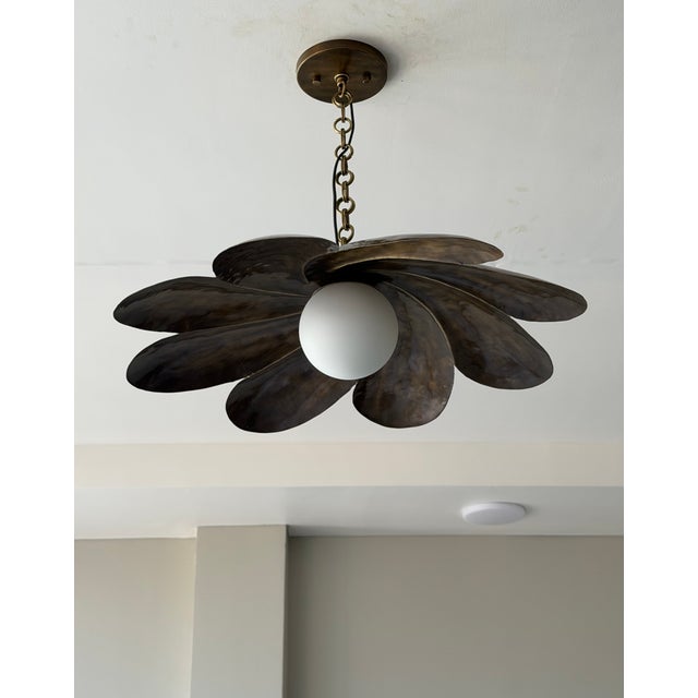 Handmade Black Antique Brass Finish Pendant Light, Floral Metal Ceiling Light, Milk Glass Globe, Vintage Home Decor For Sale - Image 4 of 13