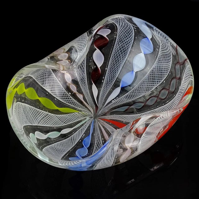 Mid 20th Century Vintage Murano Rainbow Colors Twisting Zanfirico Latticino Ribbons Italian Art Glass Decorative Bowl Trinket Dish For Sale - Image 5 of 8