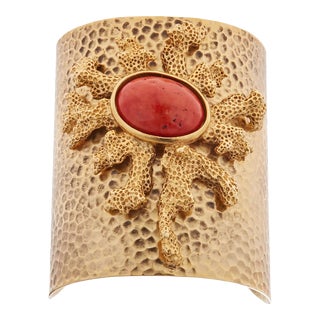 Ben Amun Hammered Gold Cuff with Coral and Orange Stone For Sale