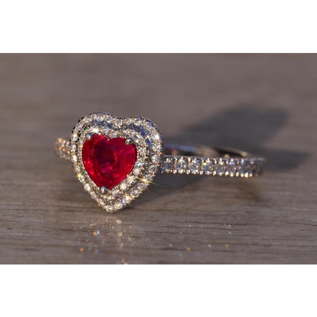 The 87th Avenue: Heart Shaped Natural Ruby and Double Halo Natural Diamond Ring For Sale - Image 4 of 10