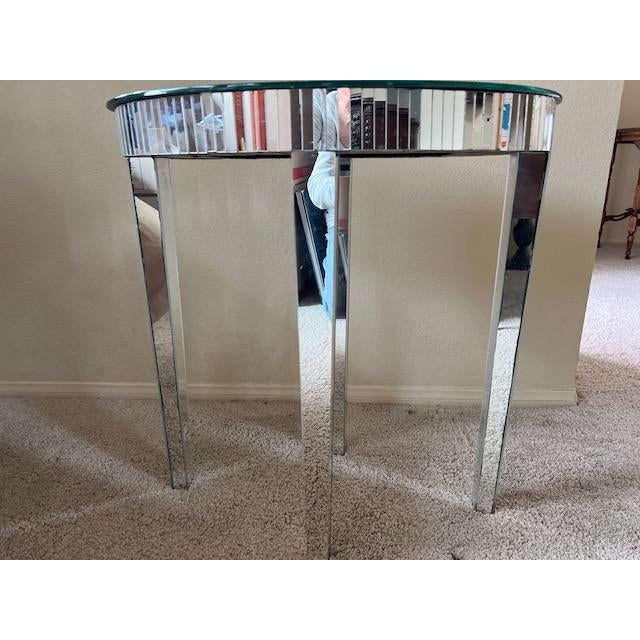 Art Deco oval console table The beveled mirrored top has a decorative linear/etched pattern. Vertical fluted apron mirror...