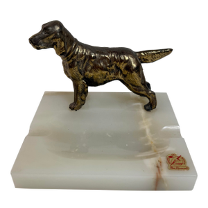 Vintage Mid Century Brass Cocker Spaniel Figure on Solid Onyx Ashtray