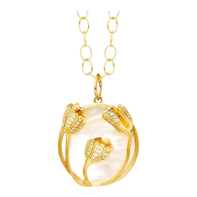 Syna Yellow Gold Mother of Pearl Water Lilies Pendant with Diamonds For Sale