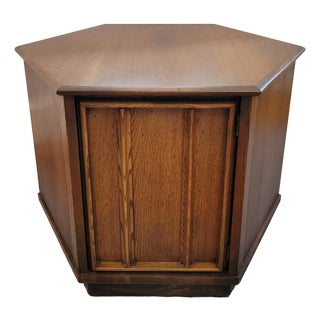 Circa 1970 Mid-Century Modern Hexagonal Walnut Side Table With Large Cabinet For Sale
