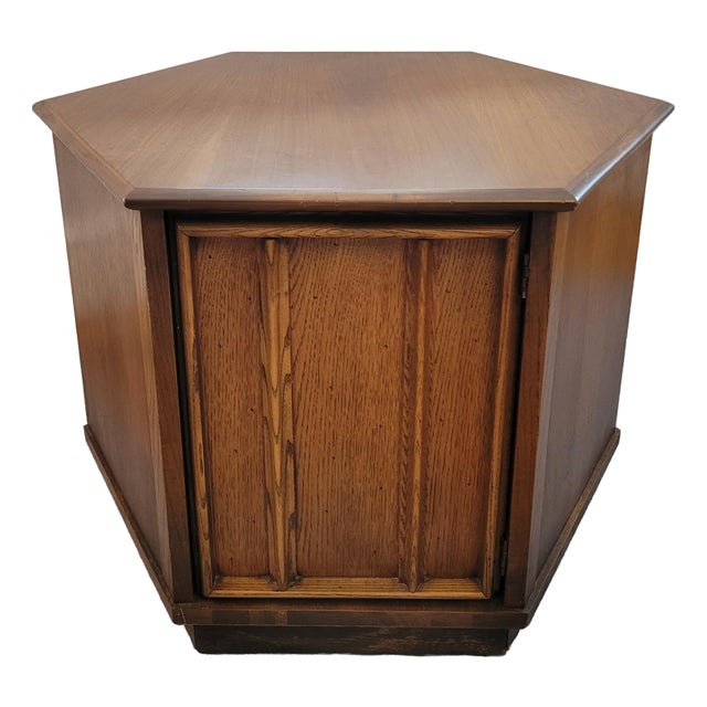 Circa 1970 Mid-Century Modern Hexagonal Walnut Side Table With Large Cabinet For Sale