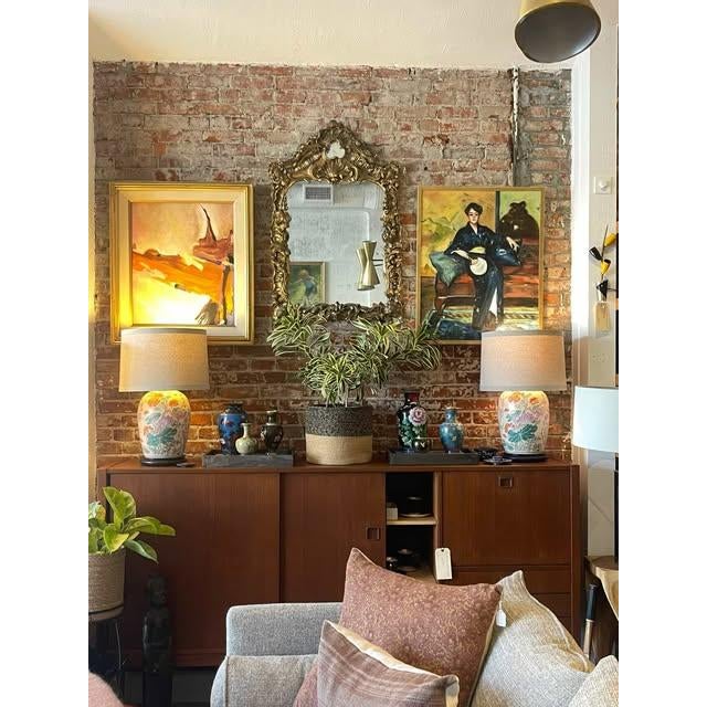 Abstract acrylic painting on canvas. Expressive brushwork in warm ochre, blush, cream, and deep accent tones. The layered...