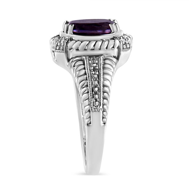 .925 Sterling Silver Prong Set Natural Oval Shape 9X7 MM Purple Amethyst Solitaire and Diamond Accent Ring, Size 7 For Sale - Image 4 of 7