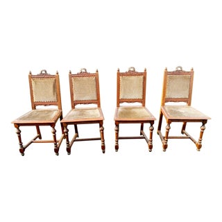 Renaissance Style Dining Chairs in Carved Oak with Upholstered Seats and Backs, England, 1900s, Set of 4 For Sale