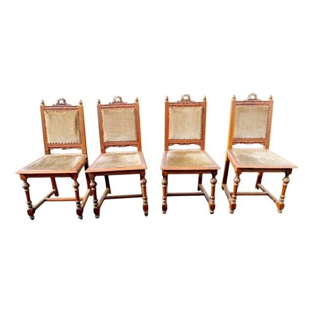 Renaissance Style Dining Chairs in Carved Oak with Upholstered Seats and Backs, England, 1900s, Set of 4 For Sale