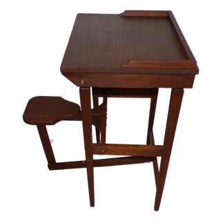 Vintage Mission Solid Oak Telephone Stand Childs Desk Integrated Fold Out Stool For Sale