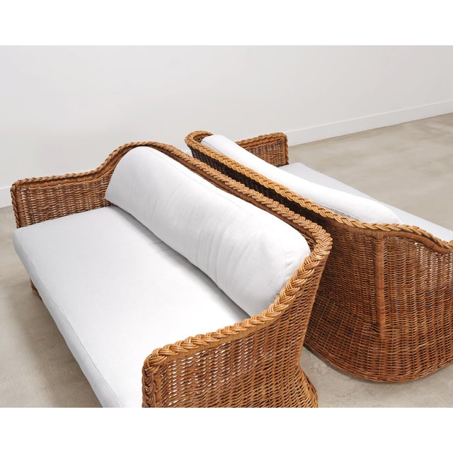 Wood Pair of Michael Taylor Style Organic Modern Wicker Rattan Sofas For Sale - Image 7 of 18
