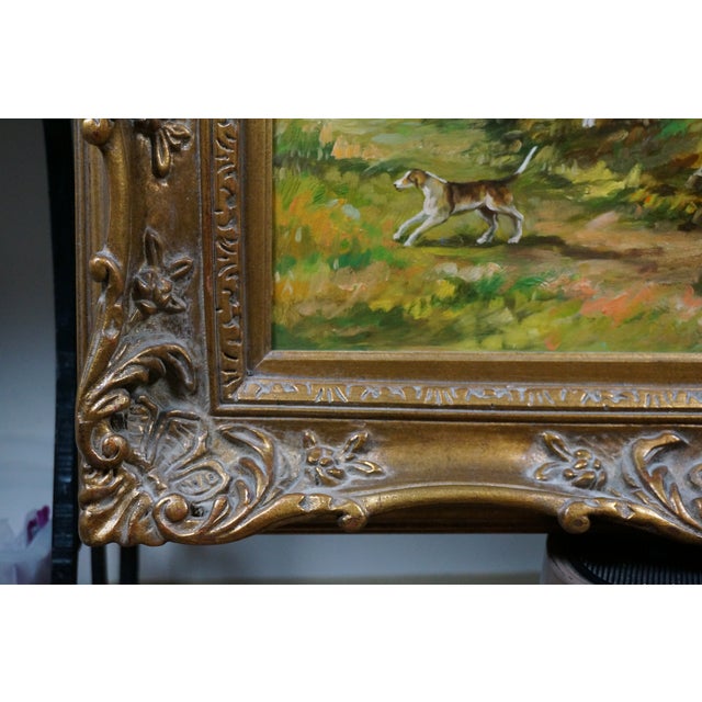 Mid 20th Century Antique Axel W. Larsen British Equestrian Fox Hunt Landscape Oil Painting 32" For Sale - Image 5 of 12