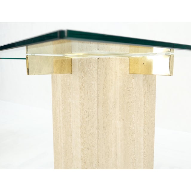 Pair Travertine Bases Cross Support Glass Top End Side Occational Tables Stands For Sale - Image 14 of 15
