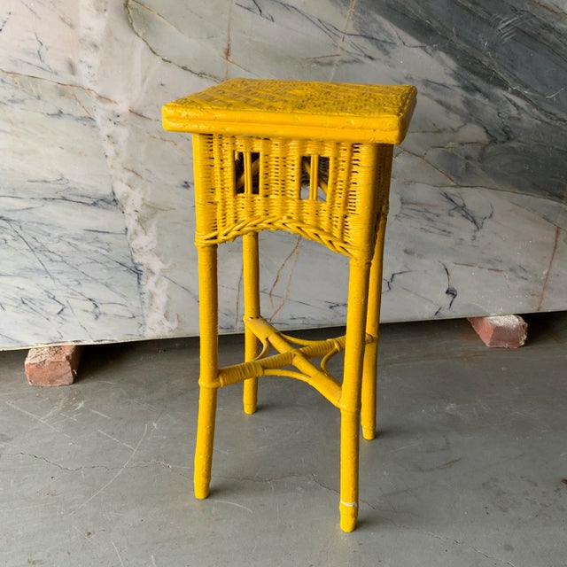 Wood 1980s Vintage Bright Yellow Wicker Side Table For Sale - Image 7 of 7