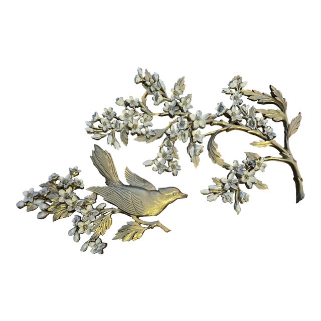 Vintage 1960s Gold Bird Dogwood Wall Hanging- 2 Pieces For Sale