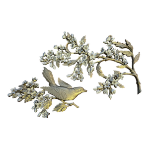 Vintage 1960s Gold Bird Dogwood Wall Hanging- 2 Pieces