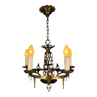 1920s Cast Brass 5 Light Chandelier With White Candles For Sale
