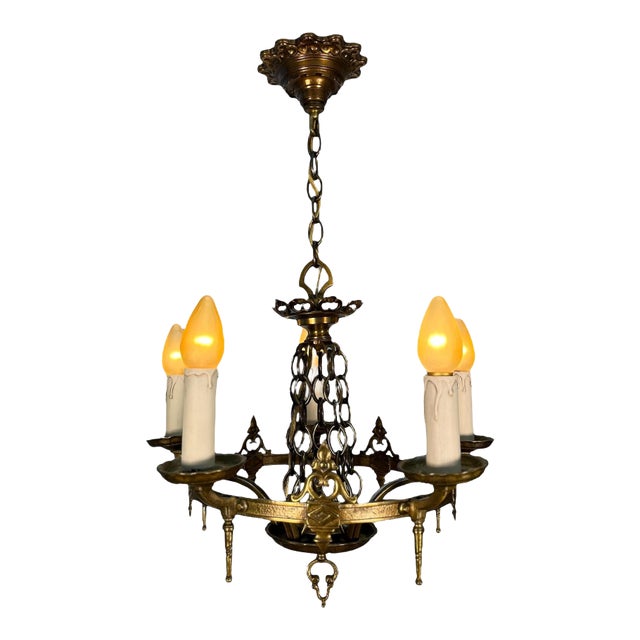1920s Cast Brass 5 Light Chandelier With White Candles For Sale