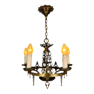 1920s Cast Brass 5 Light Chandelier With White Candles