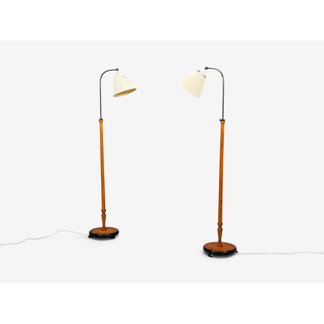 1940s Swedish Modern, Floor Lamps, Burl, Ebonized Wood, Fabric - a Pair For Sale - Image 4 of 13