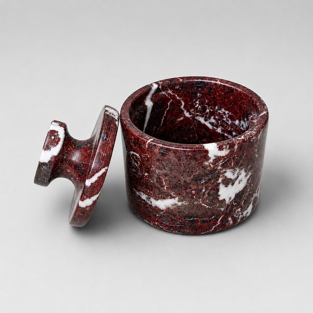 Handcrafted Marble Salt Cellar Set of 2 – Red Marble Lidded Salt & Spice Containers For Sale In New York - Image 6 of 8
