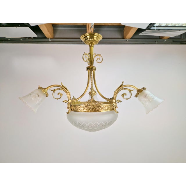 Antique Art Deco Glass and Bronze Chandelier, France, 1930s For Sale - Image 11 of 14