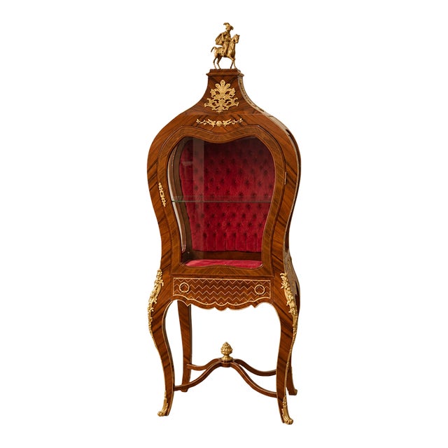 Rococo-Style Wooden Display Vitrine – Red Tufted Velvet Interior, Gold Leaf & Bronze Details For Sale
