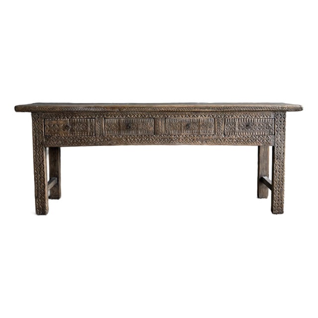 Vintage Carved 4 Drawer Console With Carvings For Sale