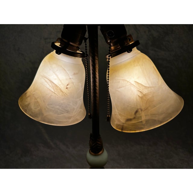 Early 20th Century Uranium Jadeite Table Lamp Alabaster Shades For Sale - Image 4 of 18