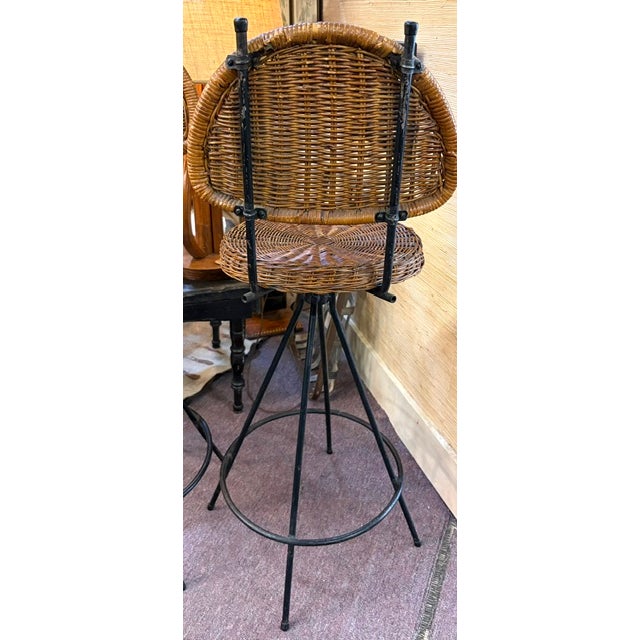 Mid Century Danny Ho Fung Style Wrought Iron Rattan Barstools, Counter Stools For Sale In New York - Image 6 of 9