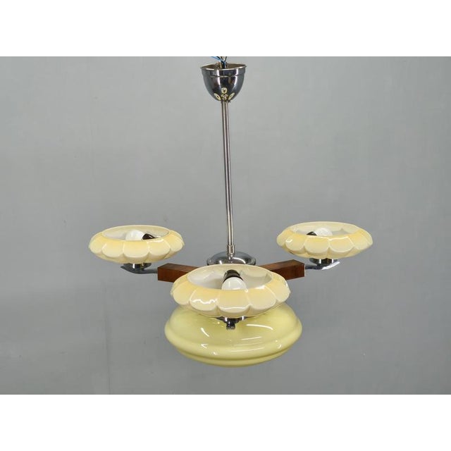 Art Deco Czechoslovak Chandelier in Walnut Chrome and Glass, 1940s For Sale - Image 3 of 13