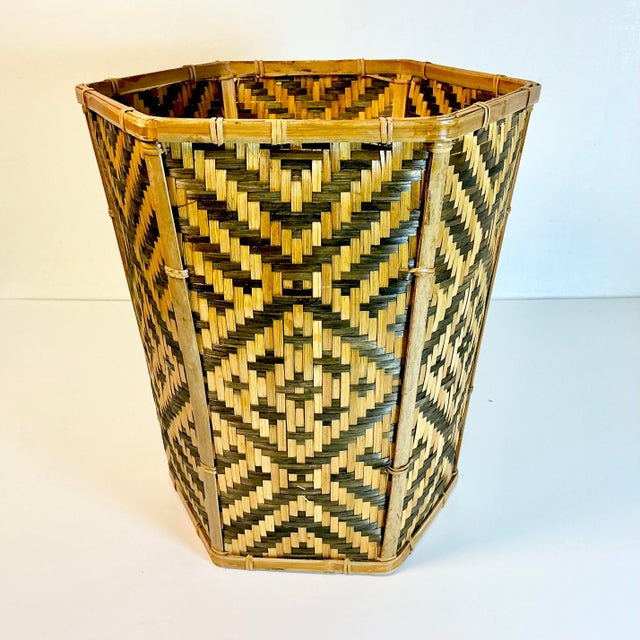 Wood 1970s Vintage Boho Chic British Colonial Hexagonal Split Reed Woven Wicker Wastebasket. For Sale - Image 7 of 9