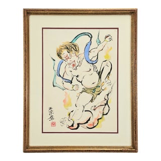 Vintage Japanese Modernist Fūjin Wind God Ink & Watercolor Painting Framed 18” H For Sale