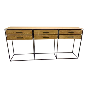 Organic Modern Wood and Iron Six Drawer Console Table
