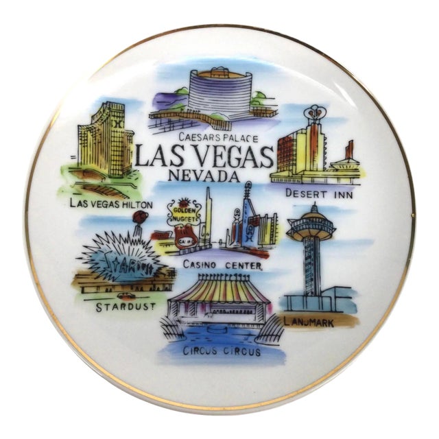 70s Ceramic Hand Painted Las Vegas Souvenir Plate For Sale