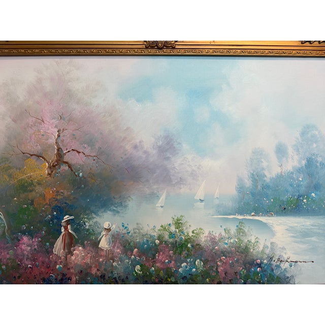 Textile Late 20th Century Large Impressionist Landscape Oil Painting Signed Bachmann Lakeside Garden For Sale - Image 7 of 12