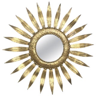 Mid-Century Modern Gilt Iron Layered Leafed Flower Shaped Sunburst Mirror For Sale
