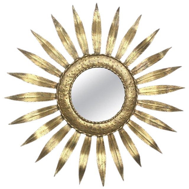 Mid-Century Modern Gilt Iron Layered Leafed Flower Shaped Sunburst Mirror For Sale