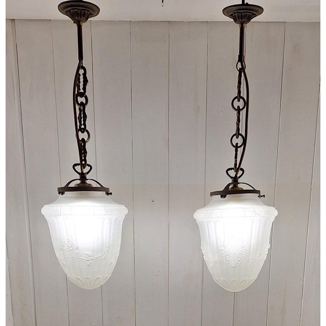 Antique Ceiling Lamps on Patinated Brass Mounts and Frosted, Teardrop-Shaped Glass Shades, 1900s, Set of 2 For Sale - Image 9 of 9