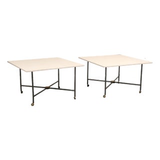 Midcentury Bronze 2-Piece Dining Tables on Casters With Travertine Tops For Sale