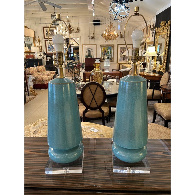 Large Cerulean Blue Ceramic Pottery Table Lamps -a Pair For Sale In Philadelphia - Image 6 of 10