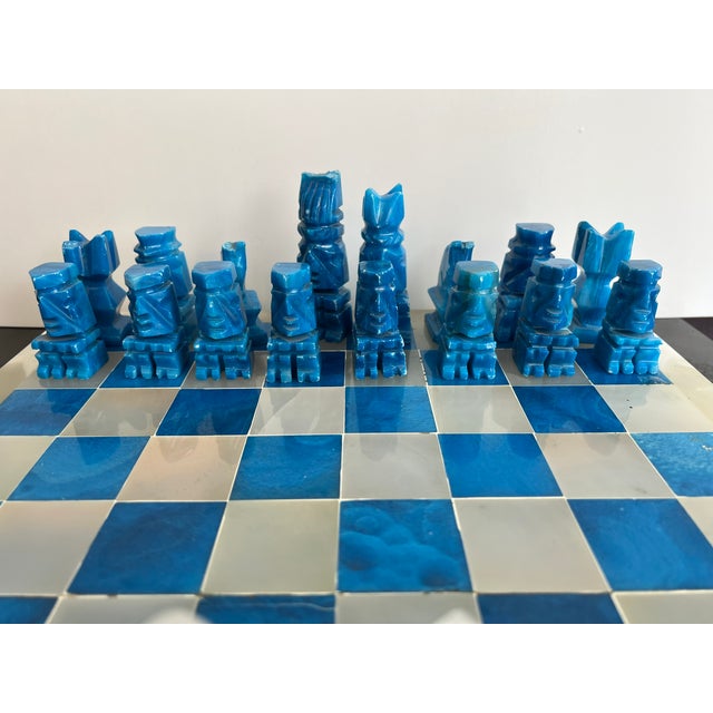 Vintage Blue and White Onyx Hand Carved Chess set. This Mid Century Chess Set is hard carved in an Aztec motif in bright...
