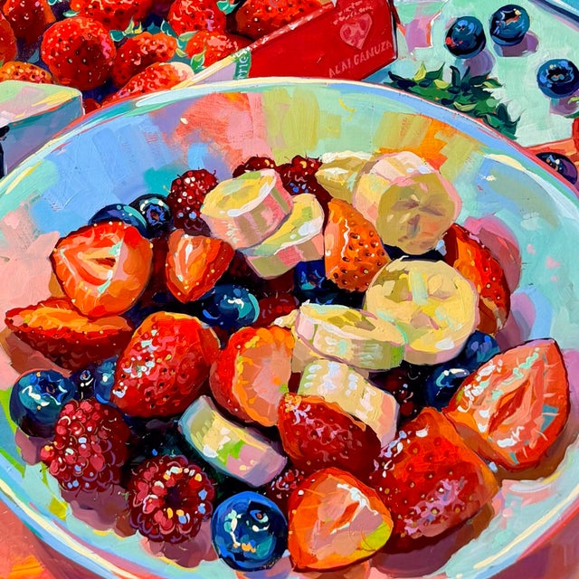Early 21st Century Macedonia by Alai Ganuza | Oil Painting on Cradled Wood Still Life of Fruit in Bowls For Sale - Image 5 of 5