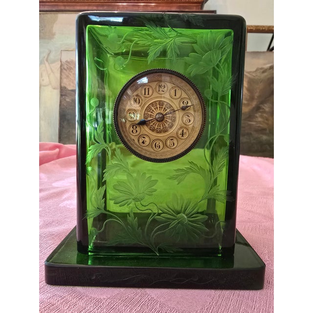 1900 - 1909 Antique Emerald Art Glass Crystal Art Nouveau Clock For Sale - Image 5 of 16
