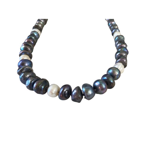 Vintage Black White Blue Grey 19.5" Long Freshwater Baroque Necklace Pearls For Sale - Image 10 of 11