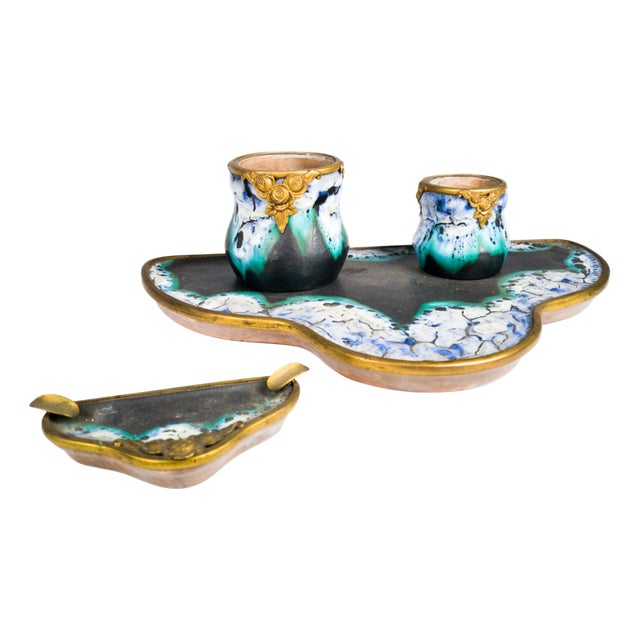 Art Nouveau Desk Set in Ceramic and Gilt Bronze, France, 1900s, Set of 4 For Sale