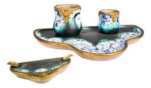 Art Nouveau Desk Set in Ceramic and Gilt Bronze, France, 1900s, Set of 4