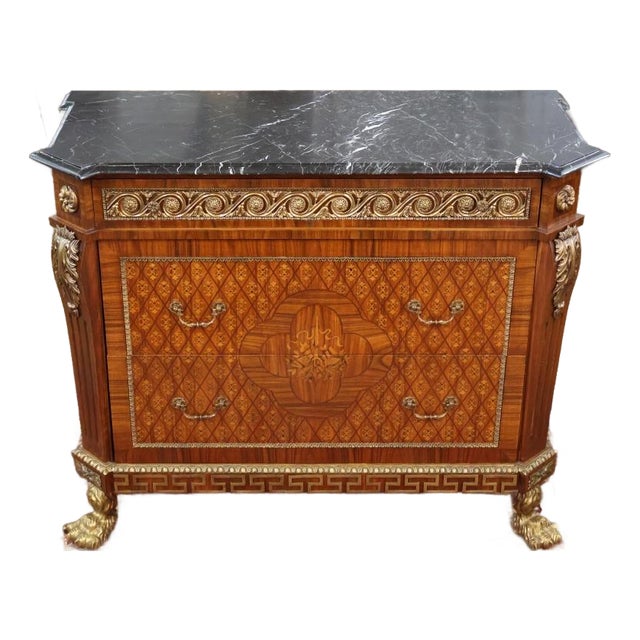 1990s Louis XV French Style Walnut Inlaid Marble Top Gilt Ormolu Chest Dresser Commode For Sale
