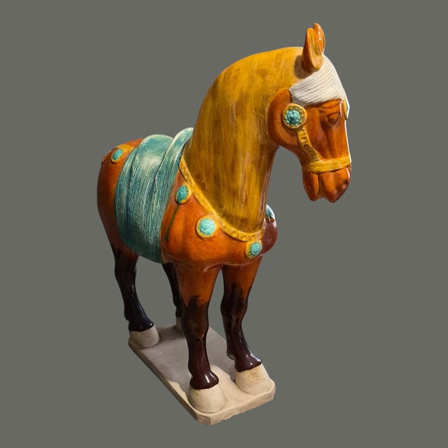 Vintage Asian Pottery Hand Painted Tang Sancai Glazed Horse Statue For Sale - Image 6 of 12