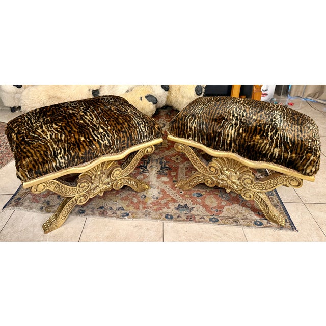 Fabulous pair of Neoclassical-Style gilt-wood benches upholstered in plush French velvet faux leopard. These Emerson et...